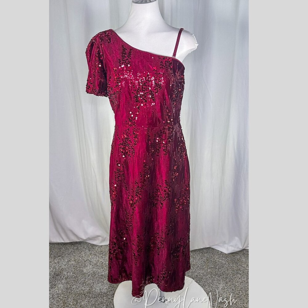 Kensie One-Shoulder Fit & Flare Sequin Velvet Formal Dress Burgundy - Picture 2 of 15